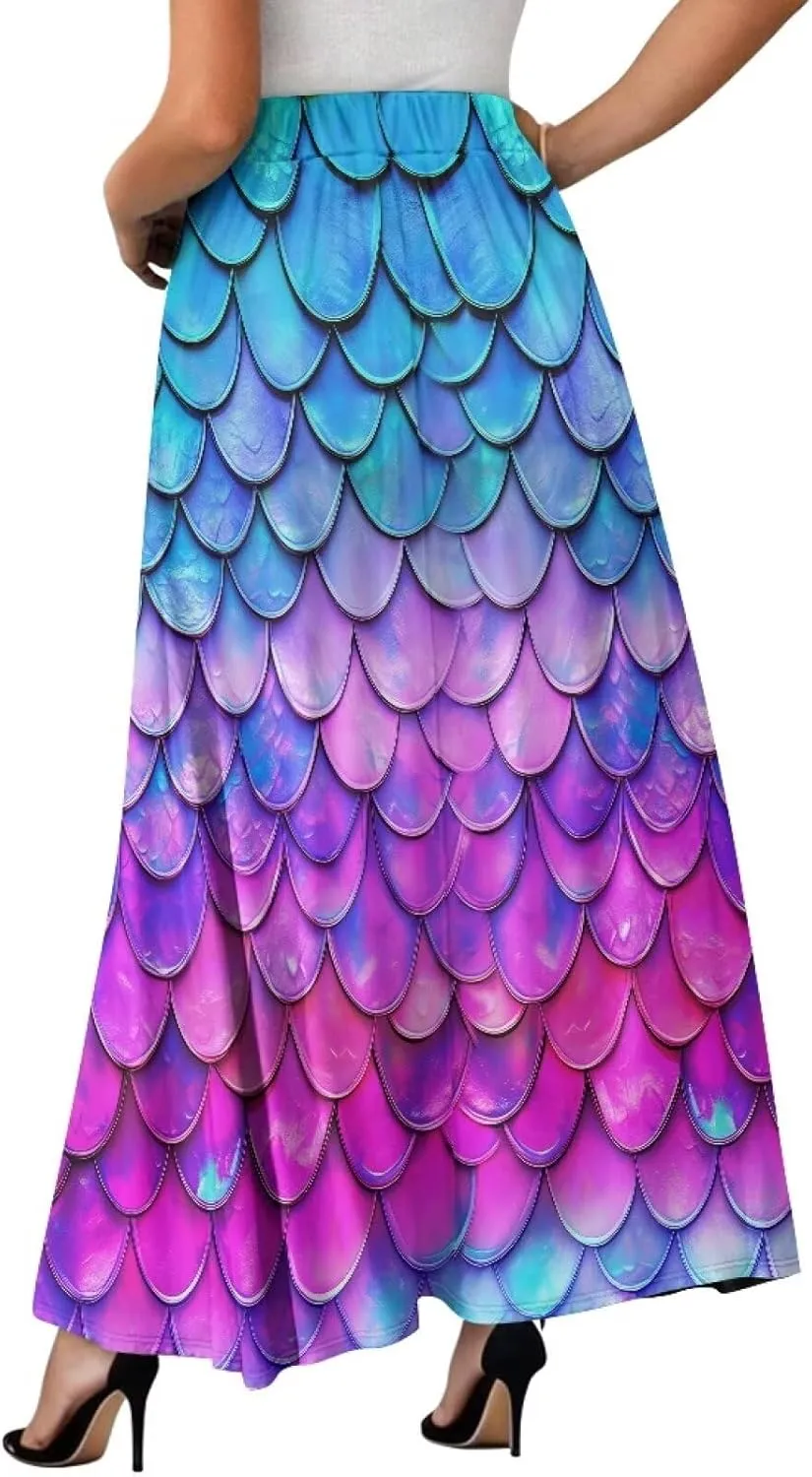 Women Long Skirts with Pockets Bohemian Casual Flowy High Waisted Ankle Length Maxi Skirt for Party Prom