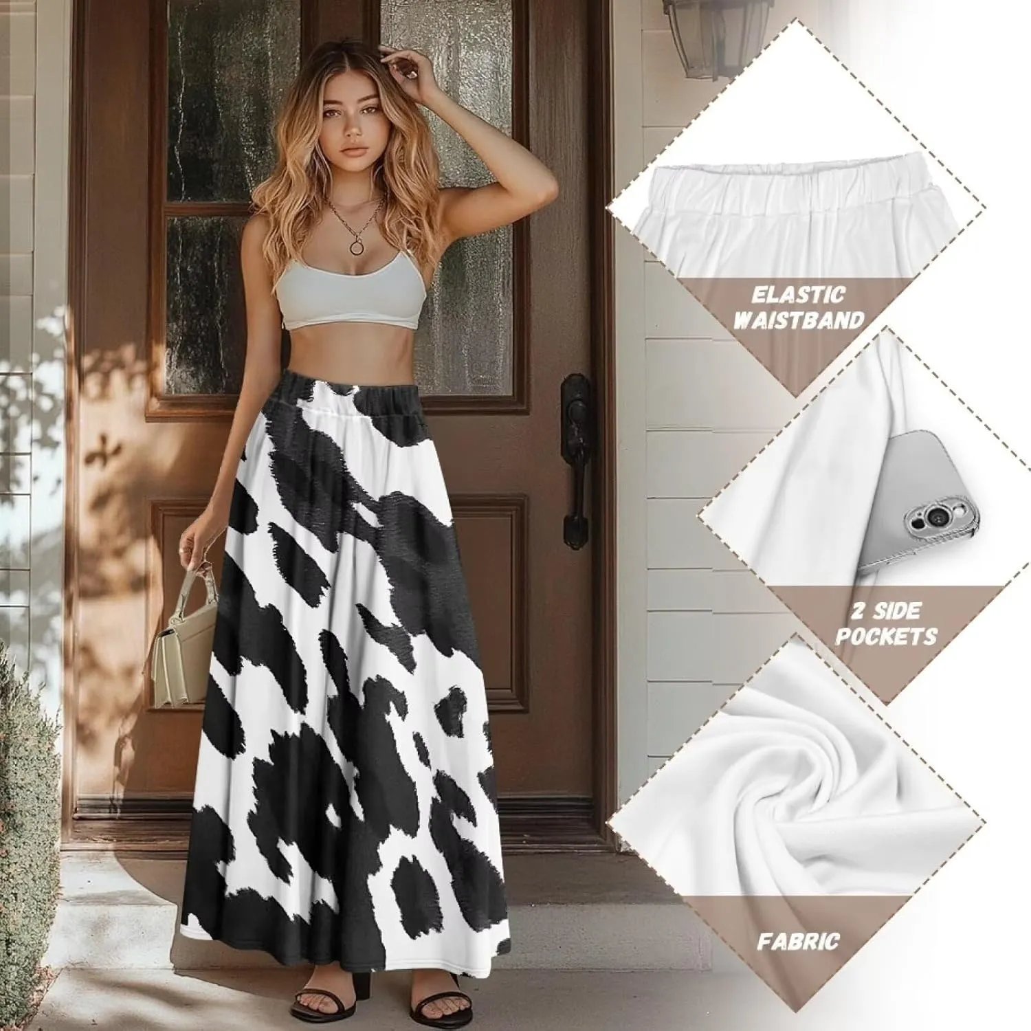 Women Long Skirts with Pockets Bohemian Casual Flowy High Waisted Ankle Length Maxi Skirt for Party Prom