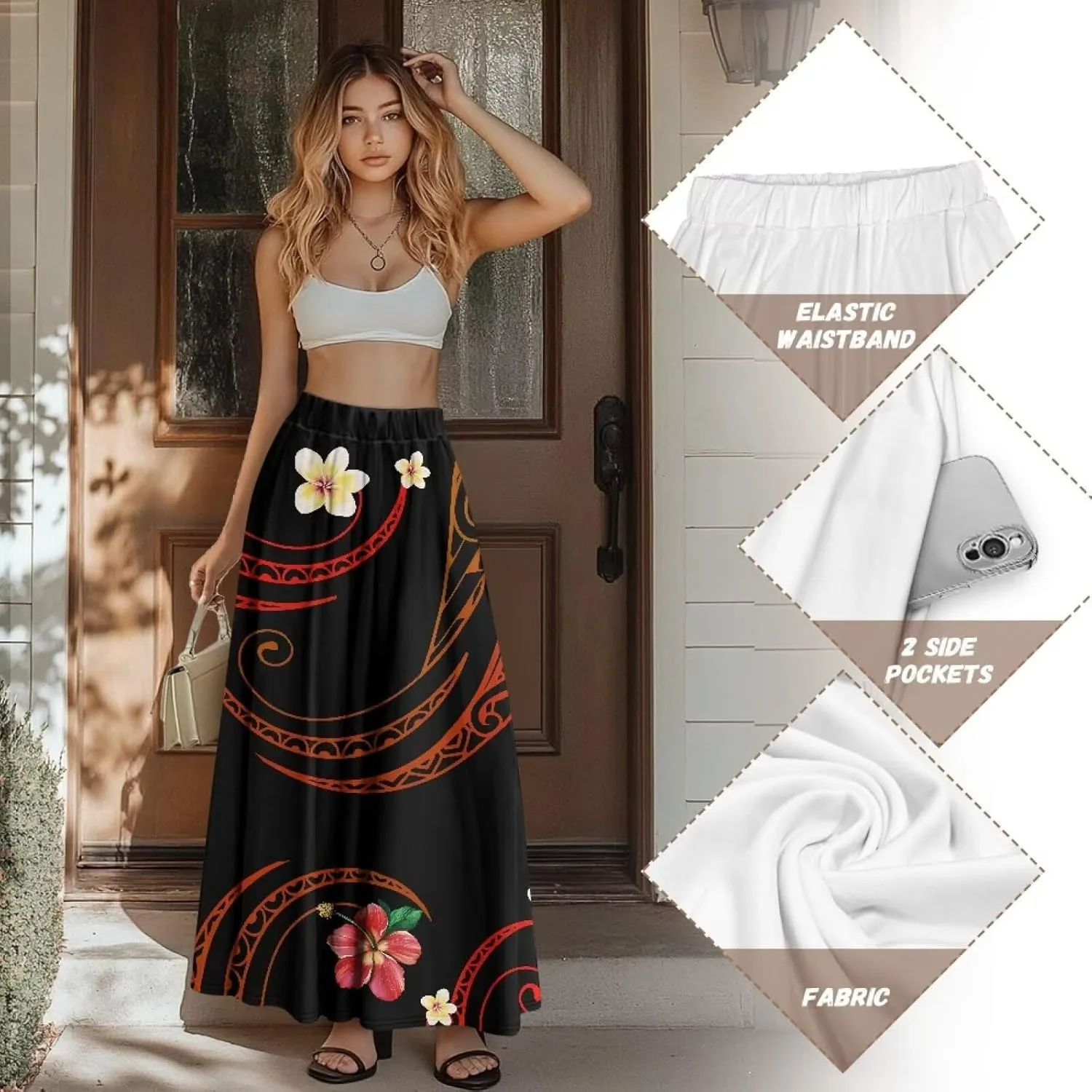 Women Long Skirts with Pockets Bohemian Casual Flowy High Waisted Ankle Length Maxi Skirt for Party Prom