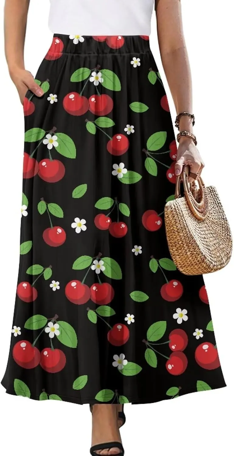 Women Long Skirts with Pockets Bohemian Casual Flowy High Waisted Ankle Length Maxi Skirt for Party Prom