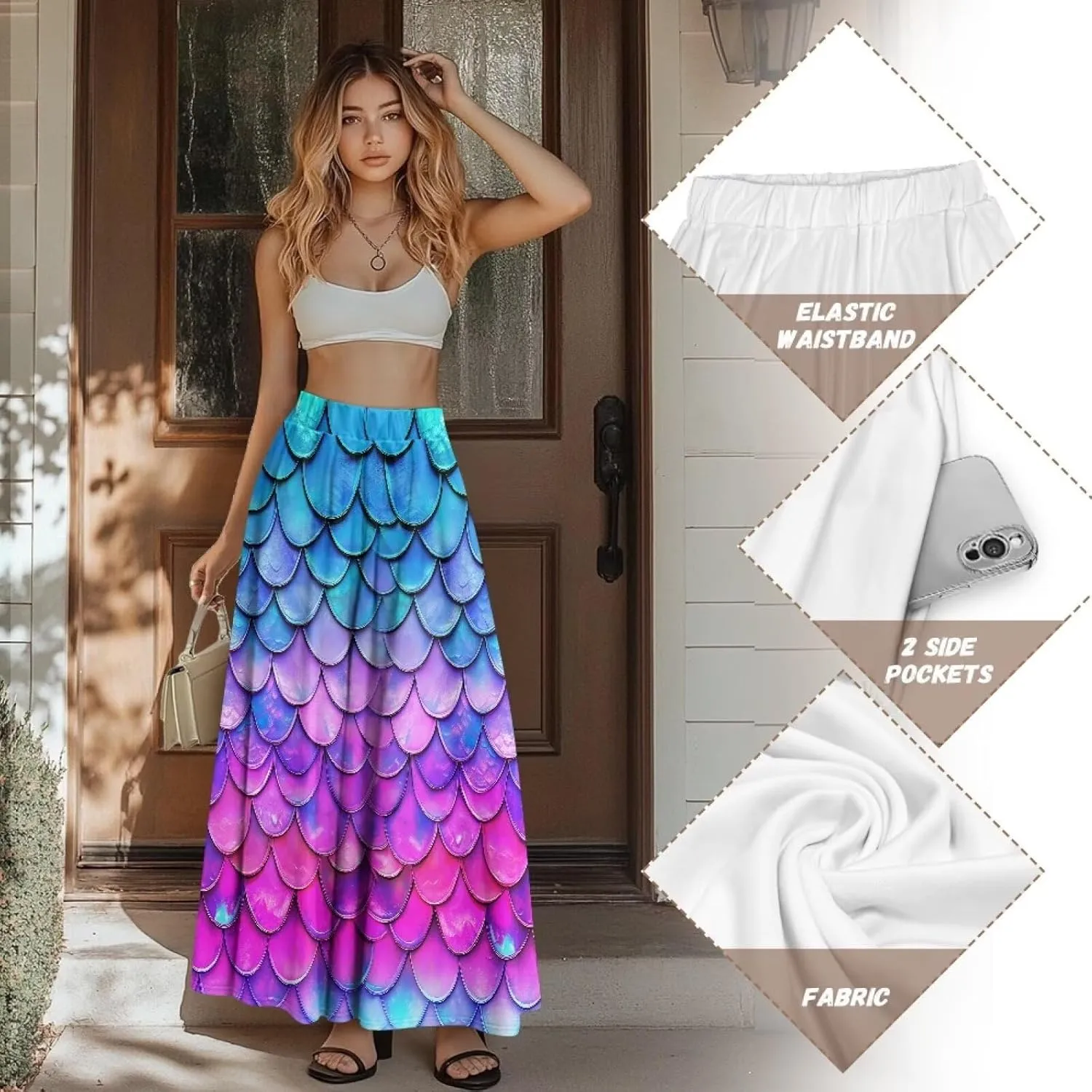 Women Long Skirts with Pockets Bohemian Casual Flowy High Waisted Ankle Length Maxi Skirt for Party Prom