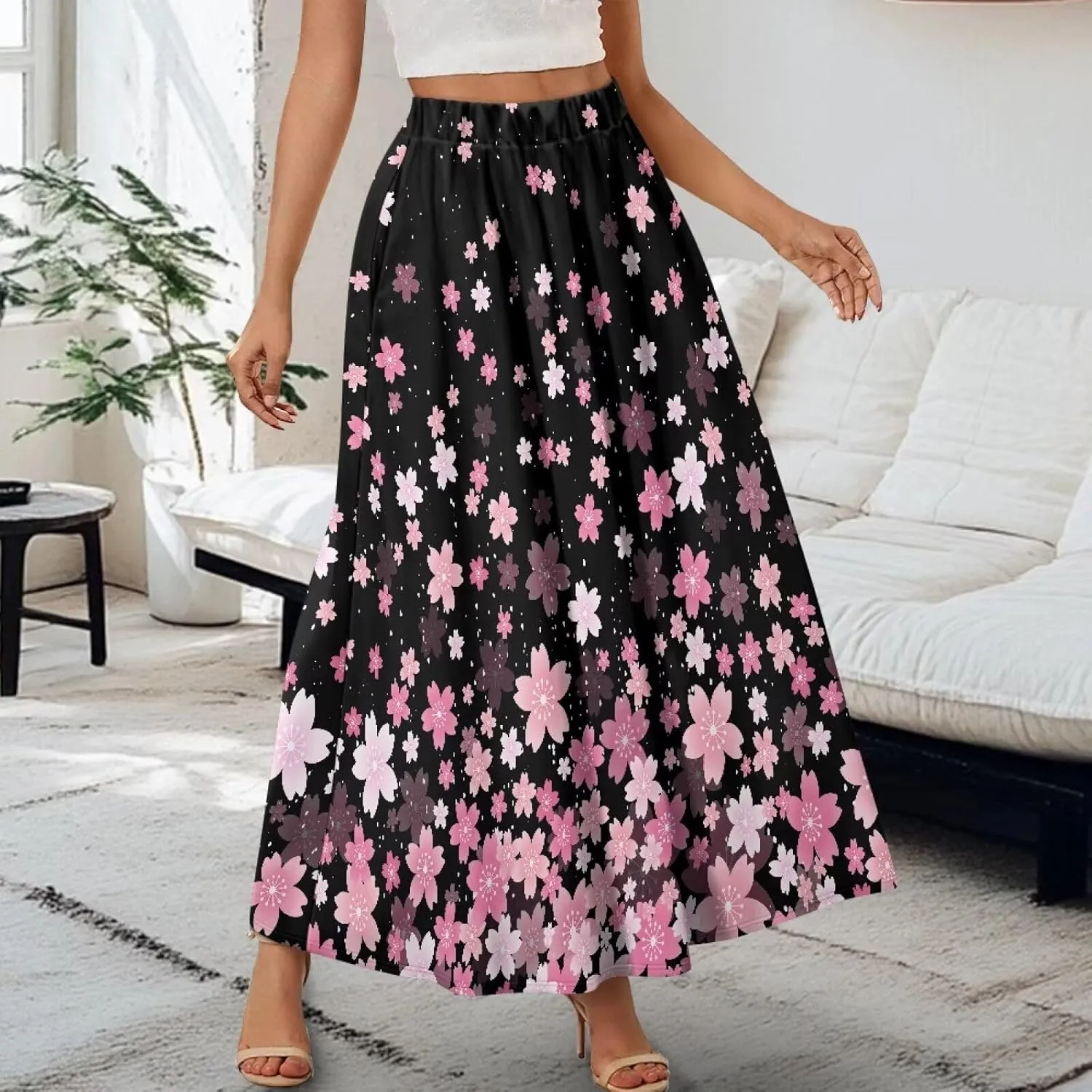 Women Long Skirts with Pockets Bohemian Casual Flowy High Waisted Ankle Length Maxi Skirt for Party Prom