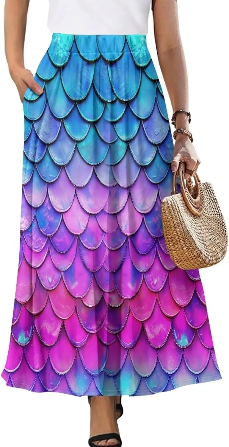 Women Long Skirts with Pockets Bohemian Casual Flowy High Waisted Ankle Length Maxi Skirt for Party Prom