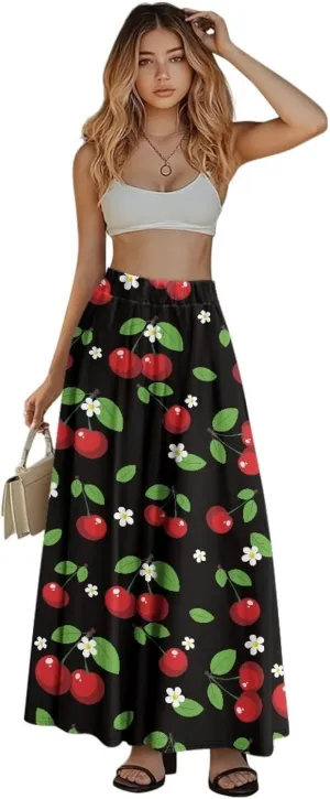 Women Long Skirts with Pockets Bohemian Casual Flowy High Waisted Ankle Length Maxi Skirt for Party Prom