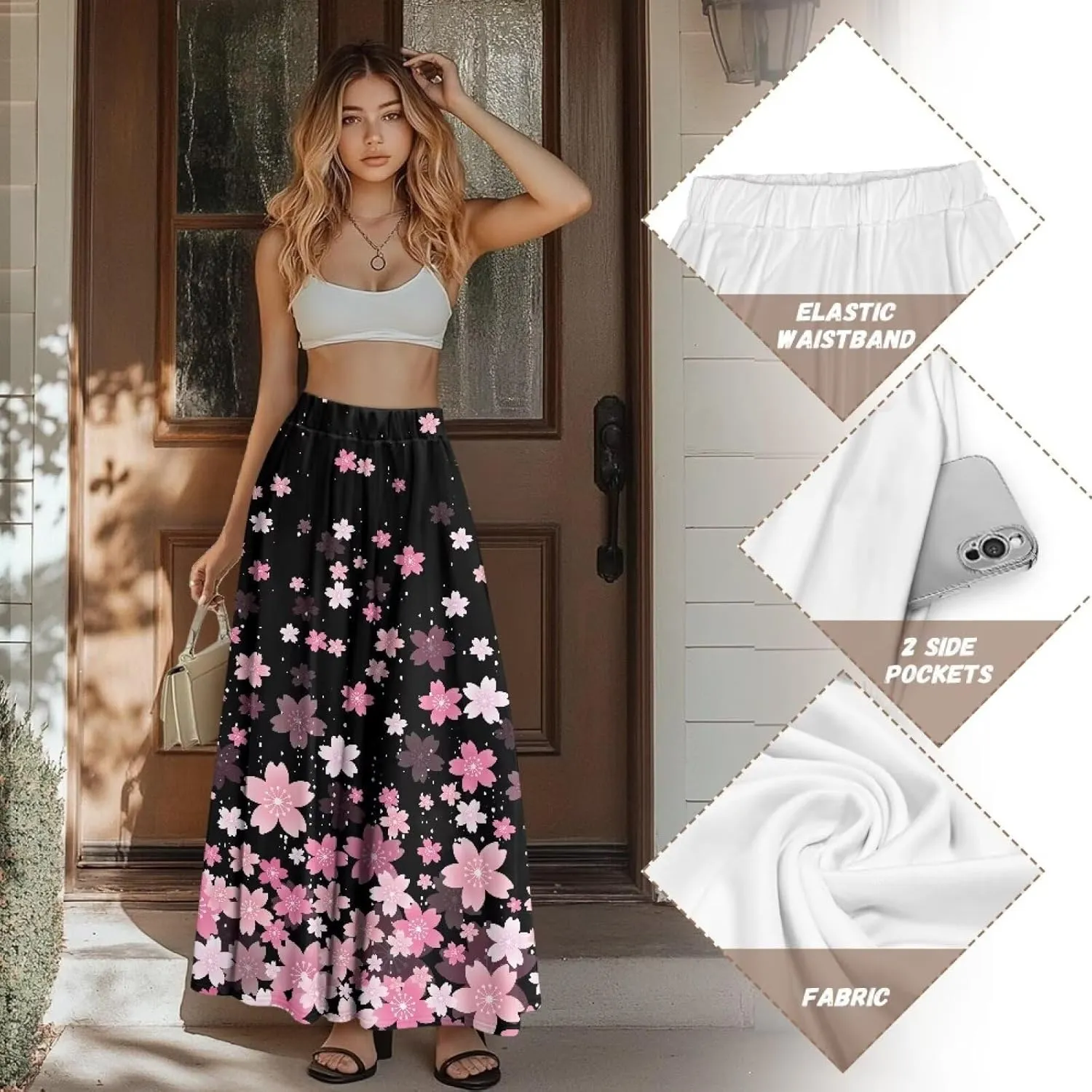 Women Long Skirts with Pockets Bohemian Casual Flowy High Waisted Ankle Length Maxi Skirt for Party Prom
