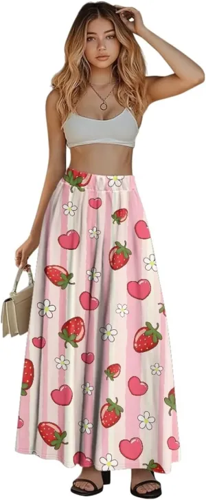 Women Long Skirts with Pockets Bohemian Casual Flowy High Waisted Ankle Length Maxi Skirt for Party Prom