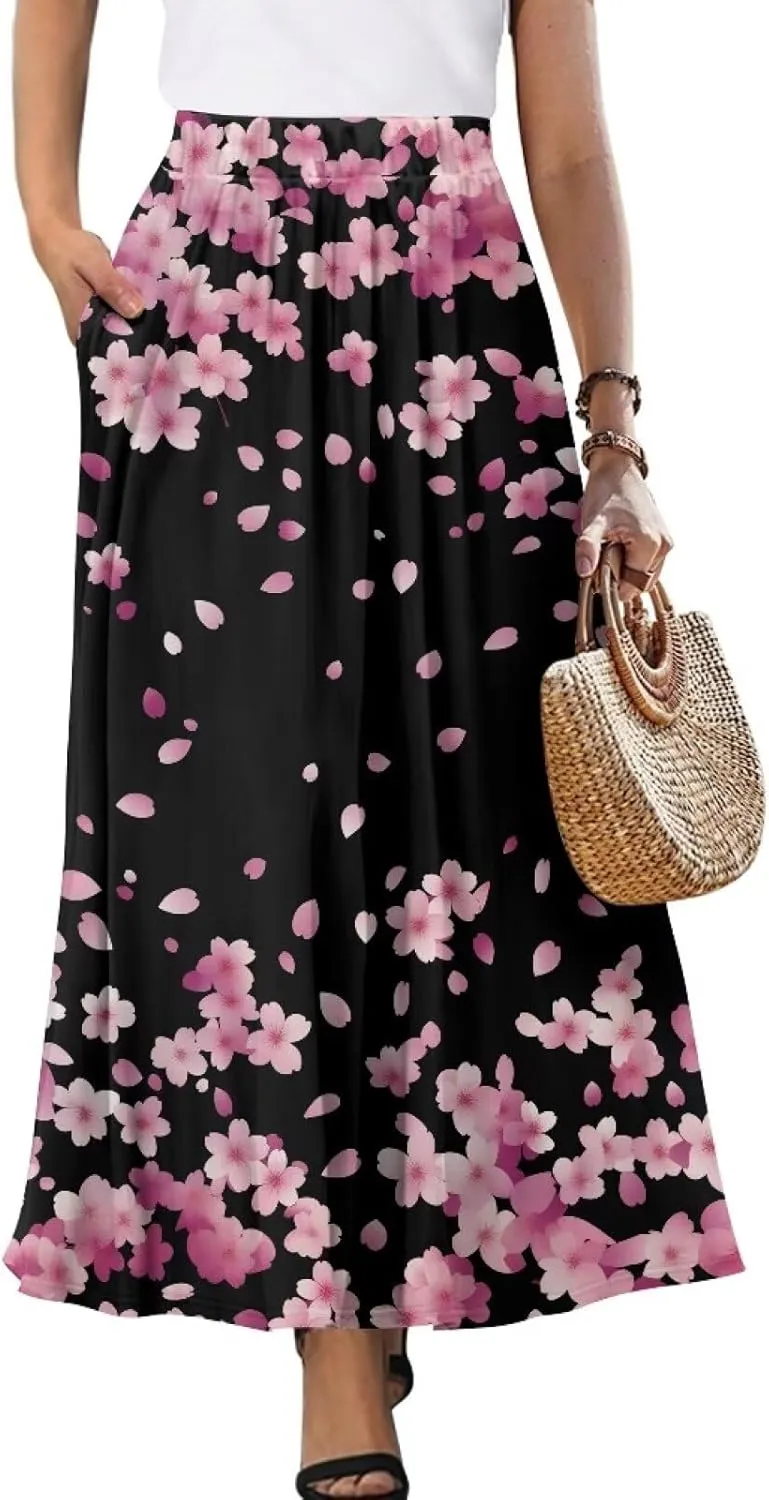 Women Long Skirts with Pockets Bohemian Casual Flowy High Waisted Ankle Length Maxi Skirt for Party Prom