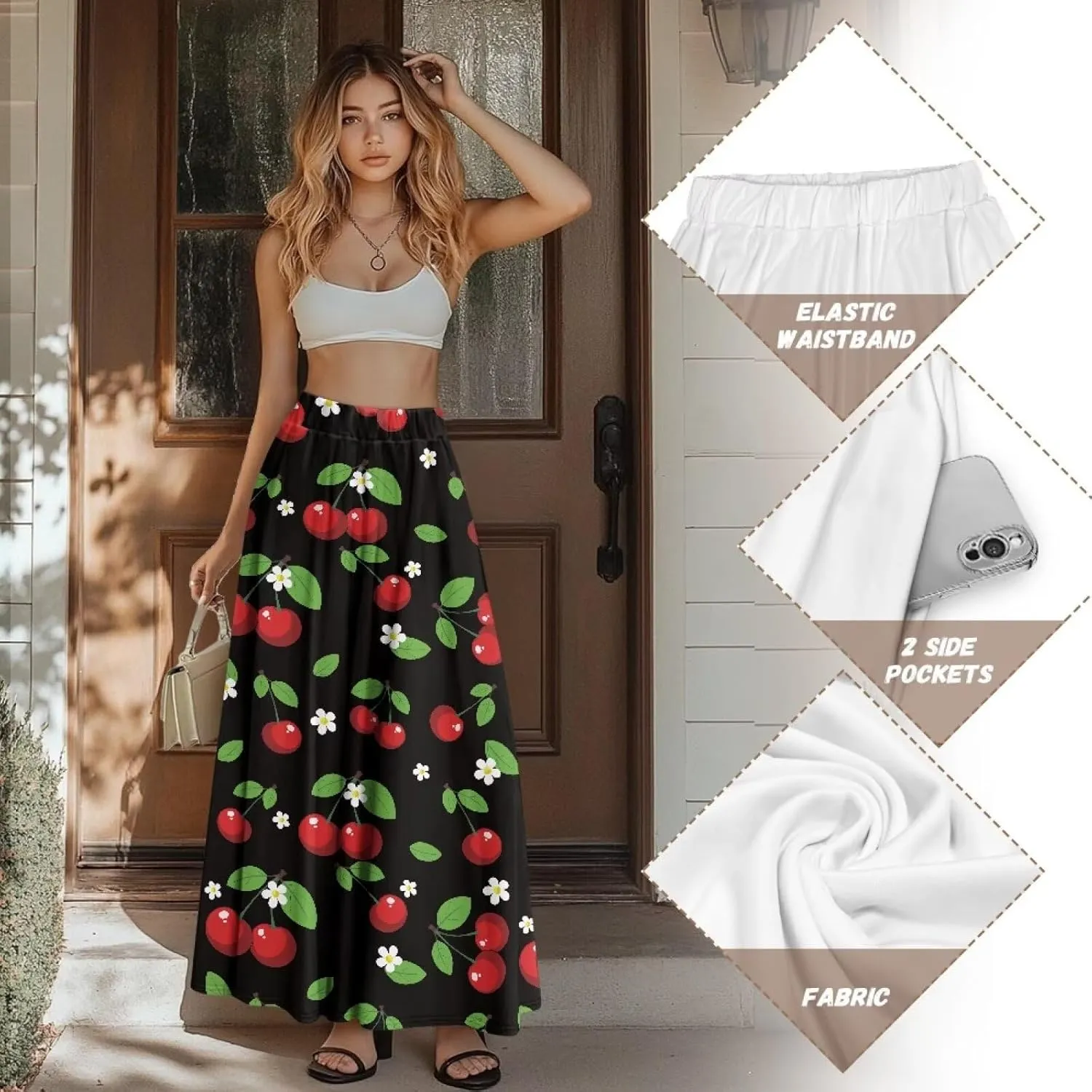 Women Long Skirts with Pockets Bohemian Casual Flowy High Waisted Ankle Length Maxi Skirt for Party Prom