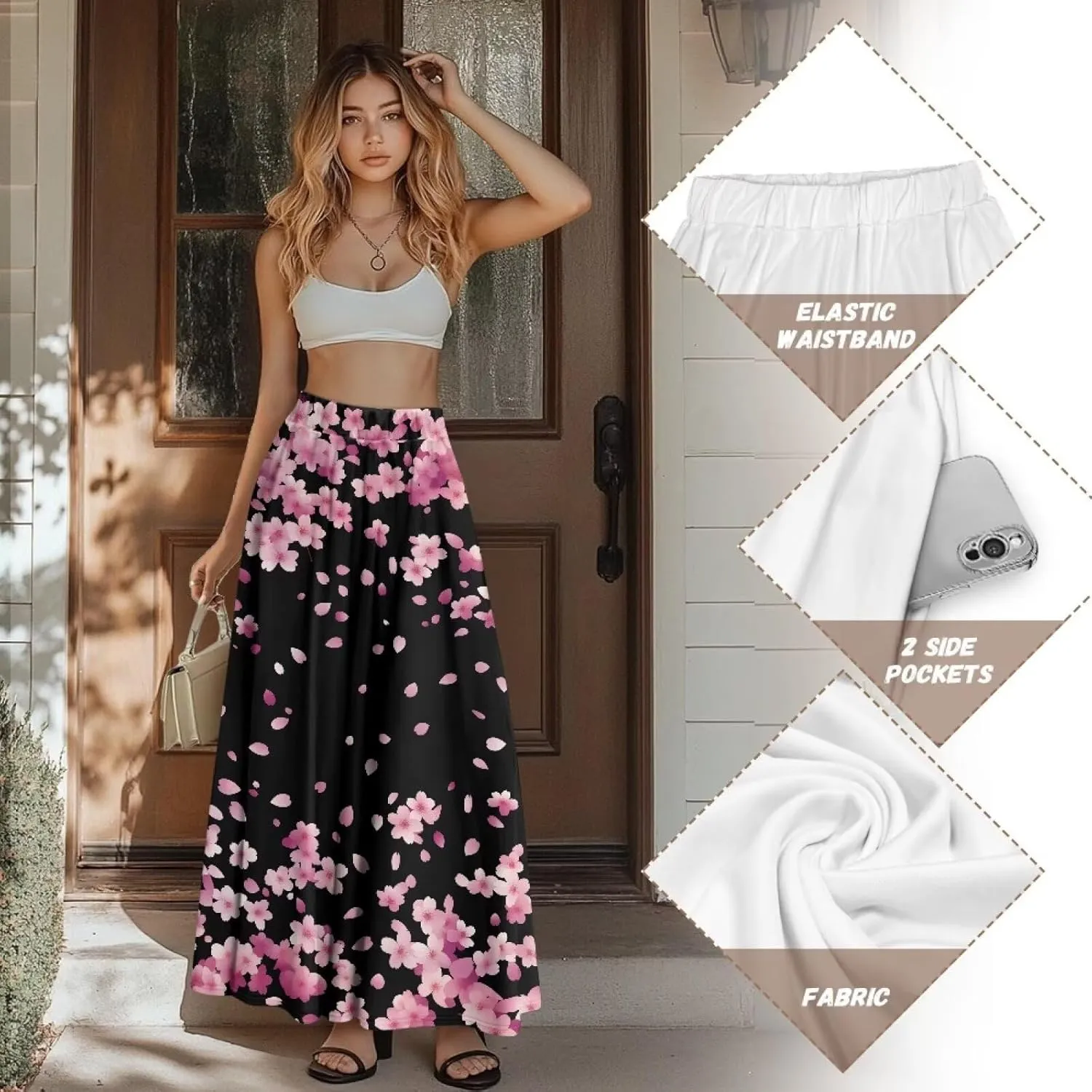 Women Long Skirts with Pockets Bohemian Casual Flowy High Waisted Ankle Length Maxi Skirt for Party Prom