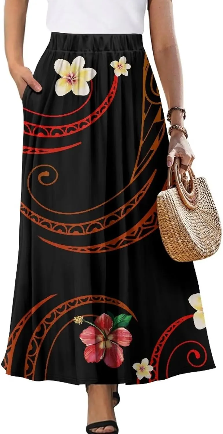 Women Long Skirts with Pockets Bohemian Casual Flowy High Waisted Ankle Length Maxi Skirt for Party Prom
