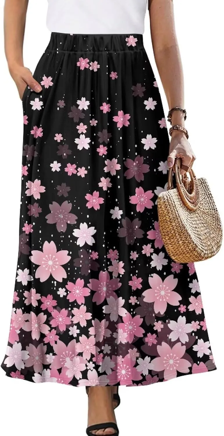 Women Long Skirts with Pockets Bohemian Casual Flowy High Waisted Ankle Length Maxi Skirt for Party Prom
