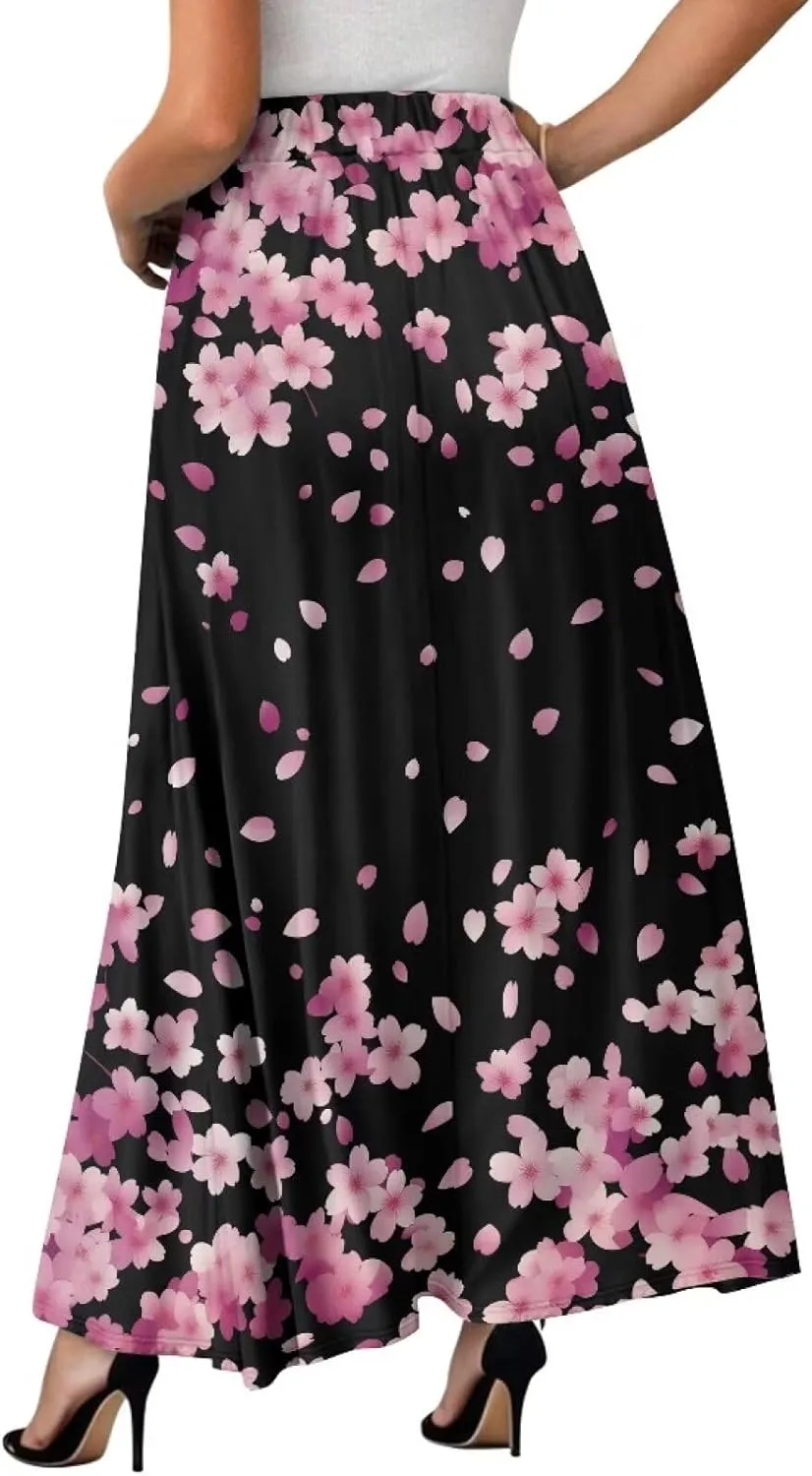 Women Long Skirts with Pockets Bohemian Casual Flowy High Waisted Ankle Length Maxi Skirt for Party Prom