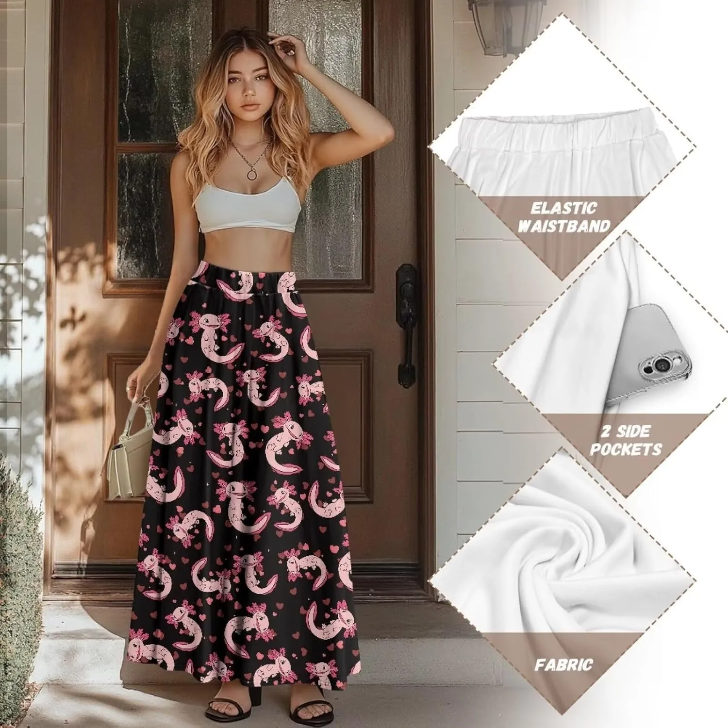 Women Long Skirts with Pockets Bohemian Casual Flowy High Waisted Ankle Length Maxi Skirt for Party Prom