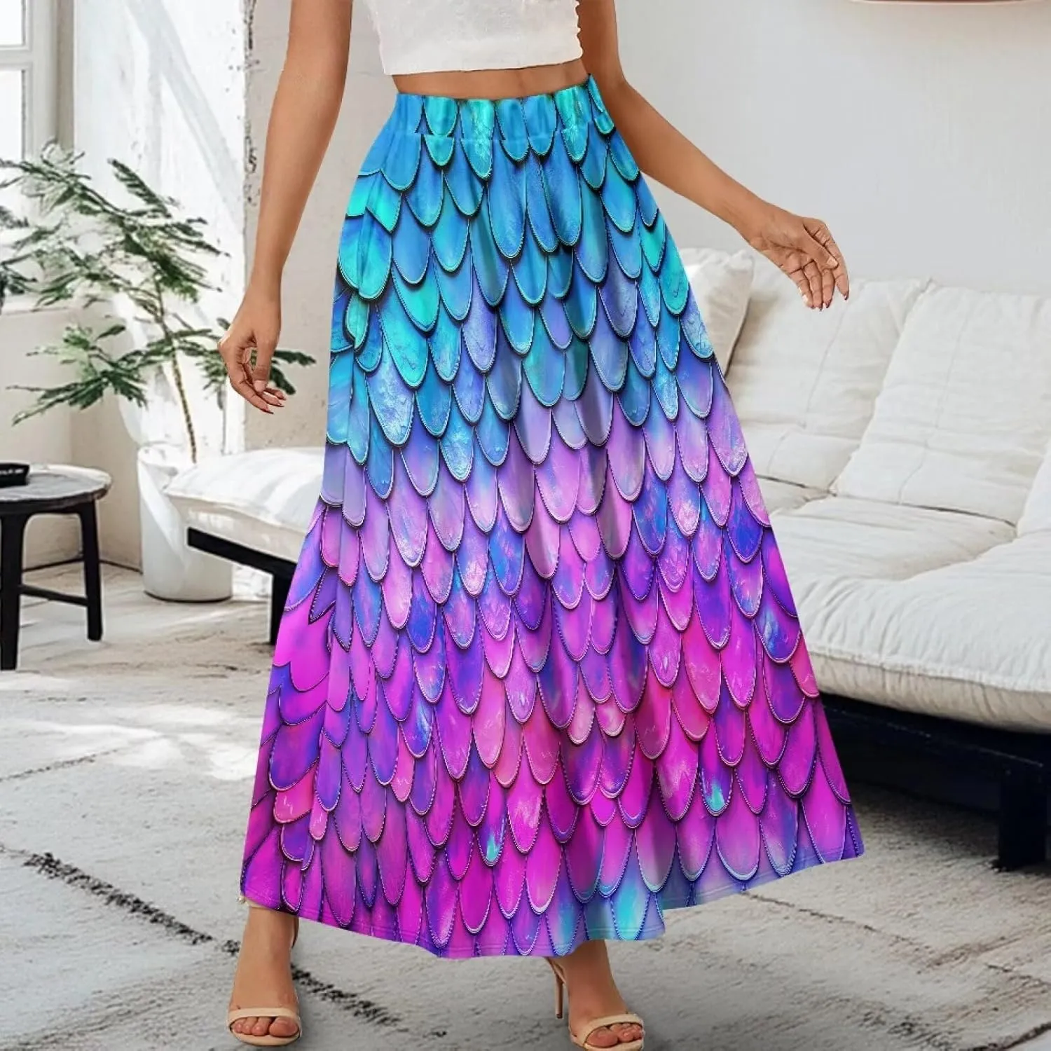 Women Long Skirts with Pockets Bohemian Casual Flowy High Waisted Ankle Length Maxi Skirt for Party Prom