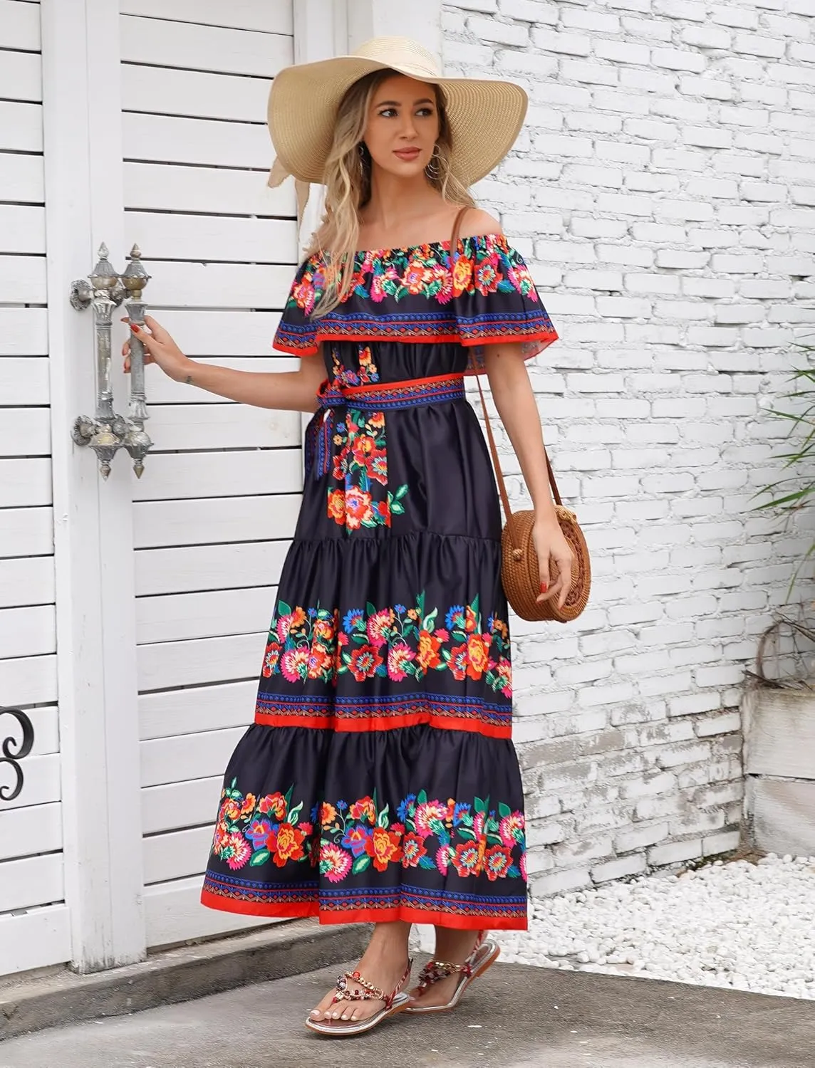 Women Mexican Dress Off Shoulder Floral Long Maxi Dress Summer Beach Party Cinco de Mayo Dresses with Belt