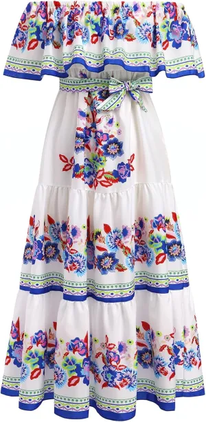 Women Mexican Dress Off Shoulder Floral Long Maxi Dress Summer Beach Party Cinco de Mayo Dresses with Belt