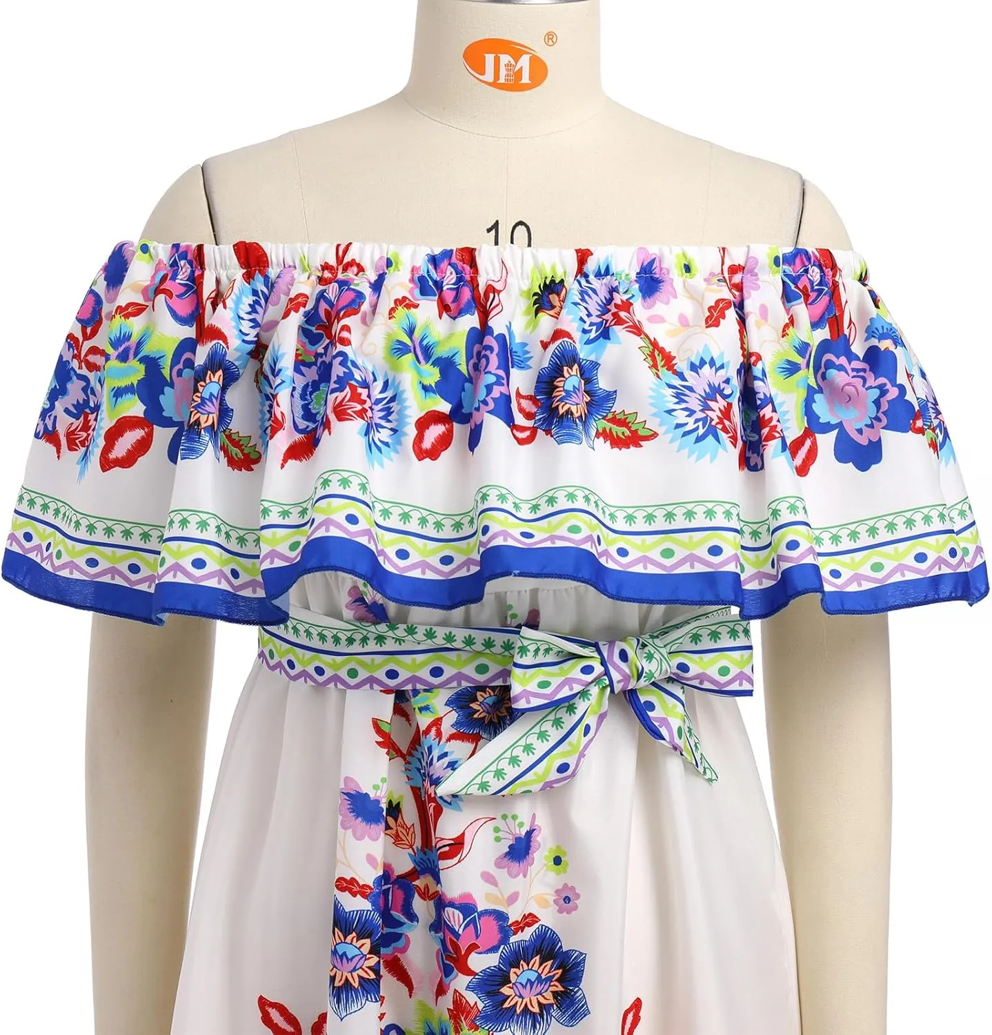 Women Mexican Dress Off Shoulder Floral Long Maxi Dress Summer Beach Party Cinco de Mayo Dresses with Belt