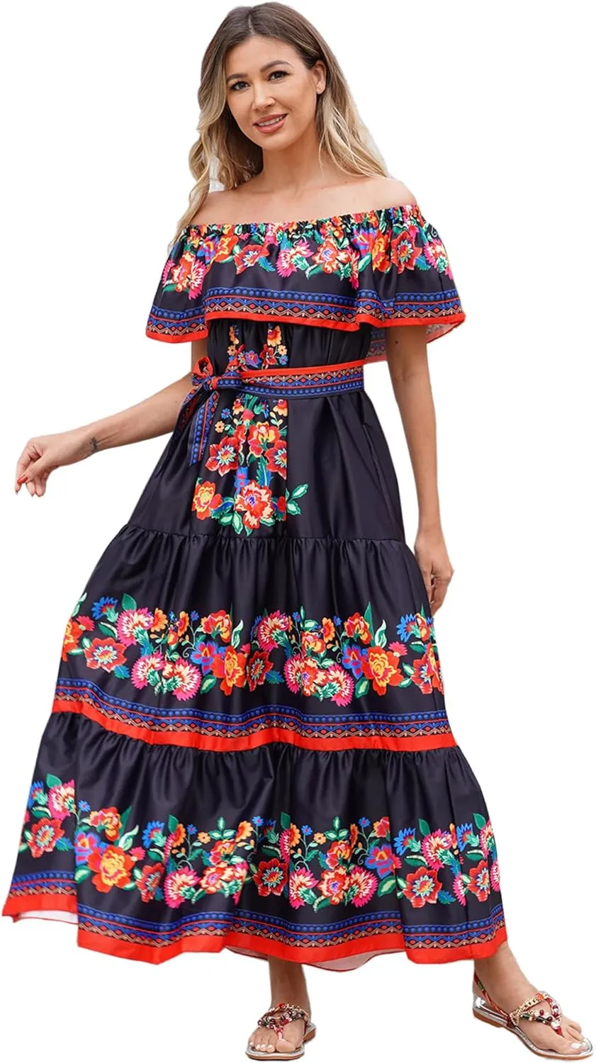 Women Mexican Dress Off Shoulder Floral Long Maxi Dress Summer Beach Party Cinco de Mayo Dresses with Belt