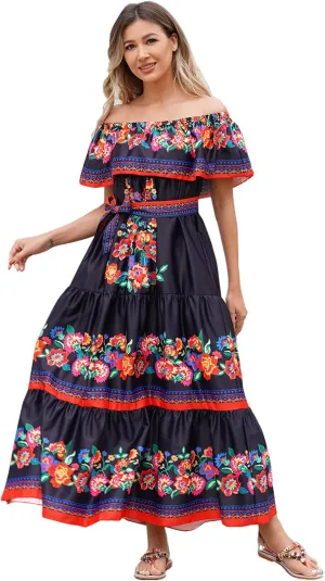 Women Mexican Dress Off Shoulder Floral Long Maxi Dress Summer Beach Party Cinco de Mayo Dresses with Belt