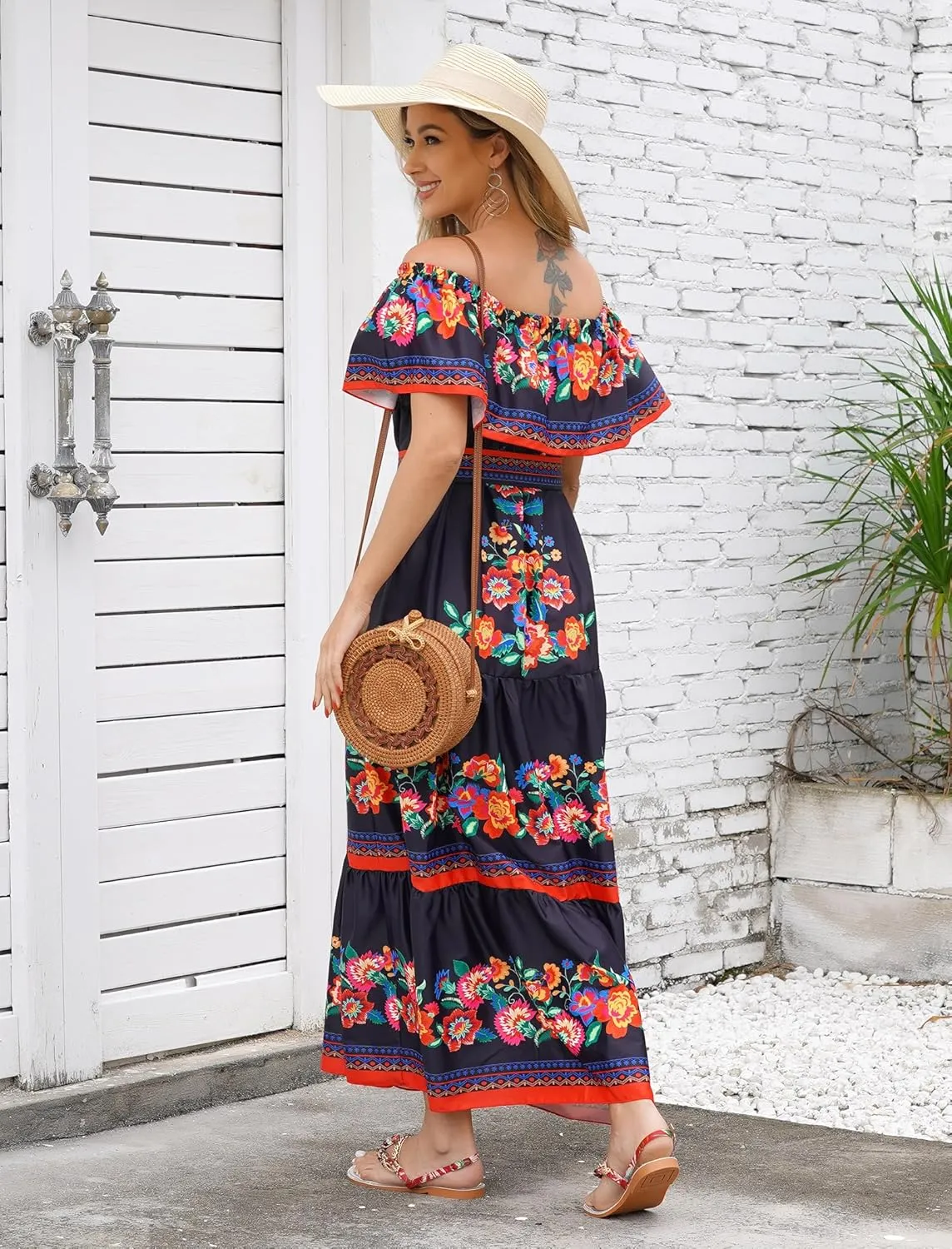 Women Mexican Dress Off Shoulder Floral Long Maxi Dress Summer Beach Party Cinco de Mayo Dresses with Belt
