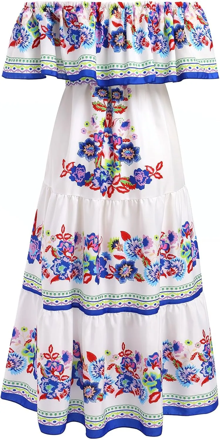 Women Mexican Dress Off Shoulder Floral Long Maxi Dress Summer Beach Party Cinco de Mayo Dresses with Belt