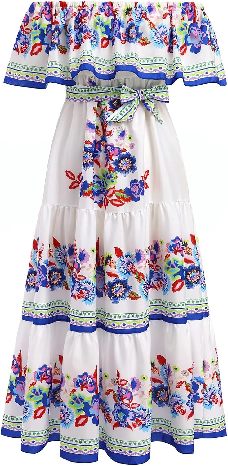 Women Mexican Dress Off Shoulder Floral Long Maxi Dress Summer Beach Party Cinco de Mayo Dresses with Belt