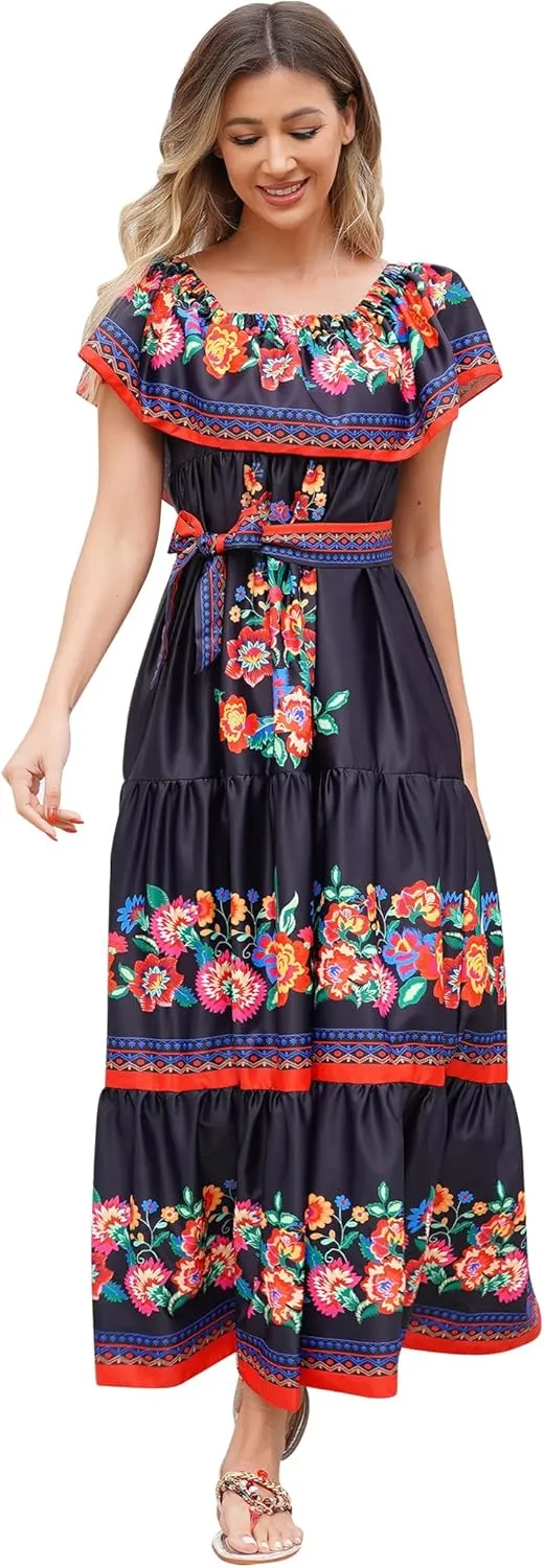 Women Mexican Dress Off Shoulder Floral Long Maxi Dress Summer Beach Party Cinco de Mayo Dresses with Belt