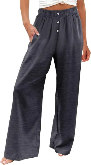 Women Smocked High Waist Straight Wide Leg Trousers Loose Fit Lounge Pants Pockets Linen Beach Flowy Dressy Palazzo