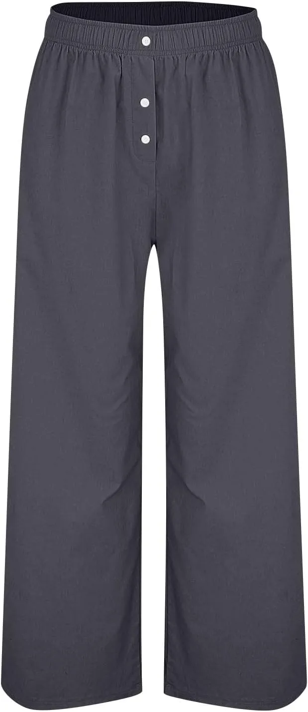 Women Smocked High Waist Straight Wide Leg Trousers Loose Fit Lounge Pants Pockets Linen Beach Flowy Dressy Palazzo