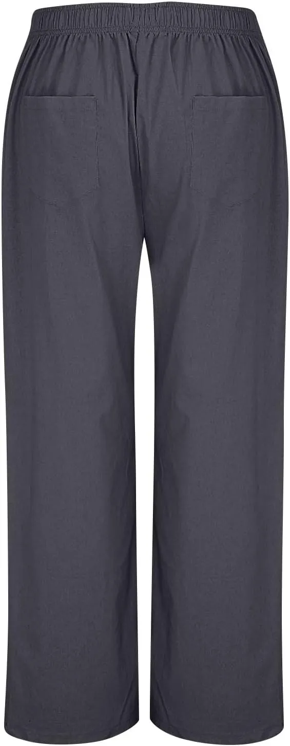 Women Smocked High Waist Straight Wide Leg Trousers Loose Fit Lounge Pants Pockets Linen Beach Flowy Dressy Palazzo