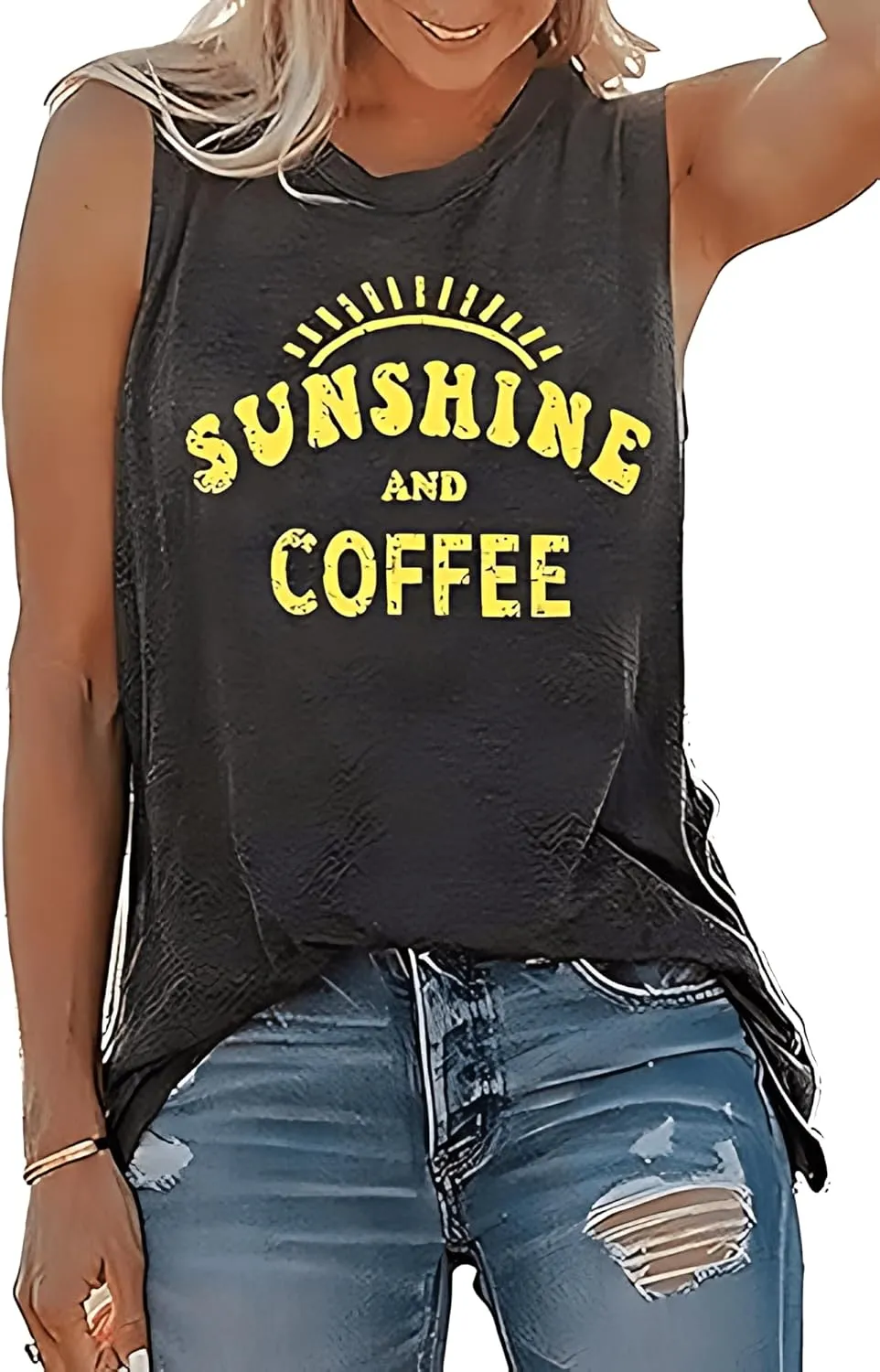 Women Sunshine and Coffee Graphic Tank Tops Crew Neck Muscle Funny Family Vacation Sleeveless Tank Tee Top
