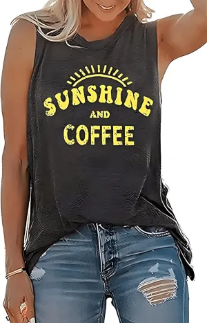 Women Sunshine and Coffee Graphic Tank Tops Crew Neck Muscle Funny Family Vacation Sleeveless Tank Tee Top