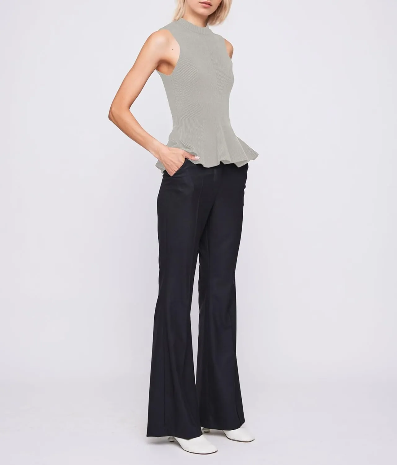 Women Turtleneck Peplum Tank Tops Ribbed Knit Sweater Vests Sleeveless Ruffle Tank Tops Mock Neck Fitted Shirts Tops