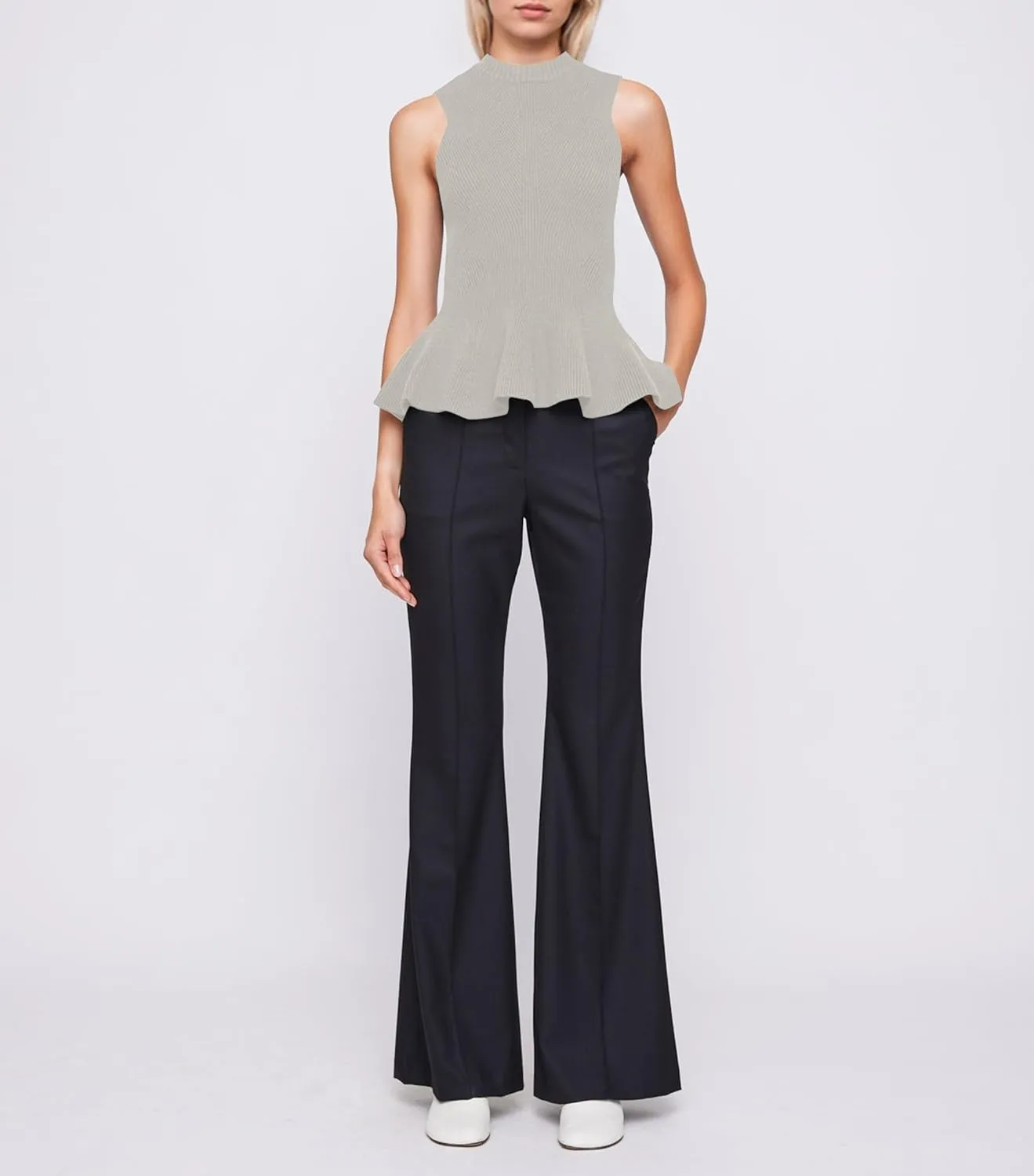Women Turtleneck Peplum Tank Tops Ribbed Knit Sweater Vests Sleeveless Ruffle Tank Tops Mock Neck Fitted Shirts Tops