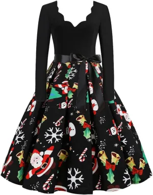 Women Vintage Christmas Dress Lace V Neck Long Sleeve Print Flared A Line Cocktail Party Swing Dress Clubwear