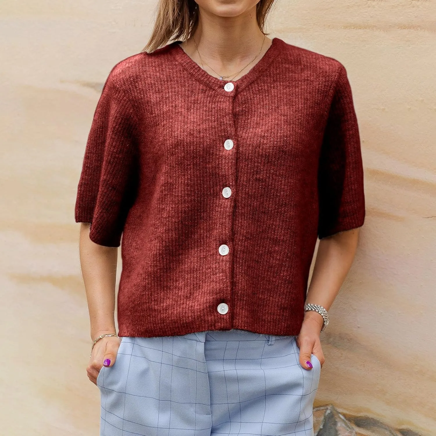 Women Y2k Knit Cardigan Shirts Open Front Button Down Crop Cardigans Sweater Short Sleeve Loose Tee Tops