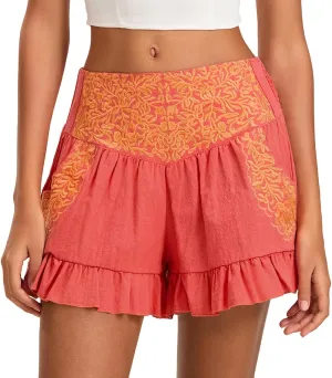 Women Y2k Ruffled Hem Shorts Vintage Textured Embroidery High Rise Wide Leg Short Casual Beachy Skorts with Pockets