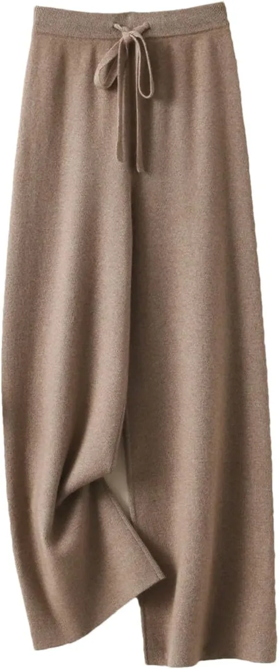 Women's 100% Merino Wool Knit Pants Fall Winter Soft Casual Wide Leg Pants with Drawstring Elastic Waistband