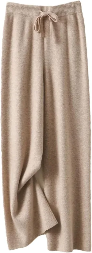 Women's 100% Merino Wool Knit Pants Fall Winter Soft Casual Wide Leg Pants with Drawstring Elastic Waistband