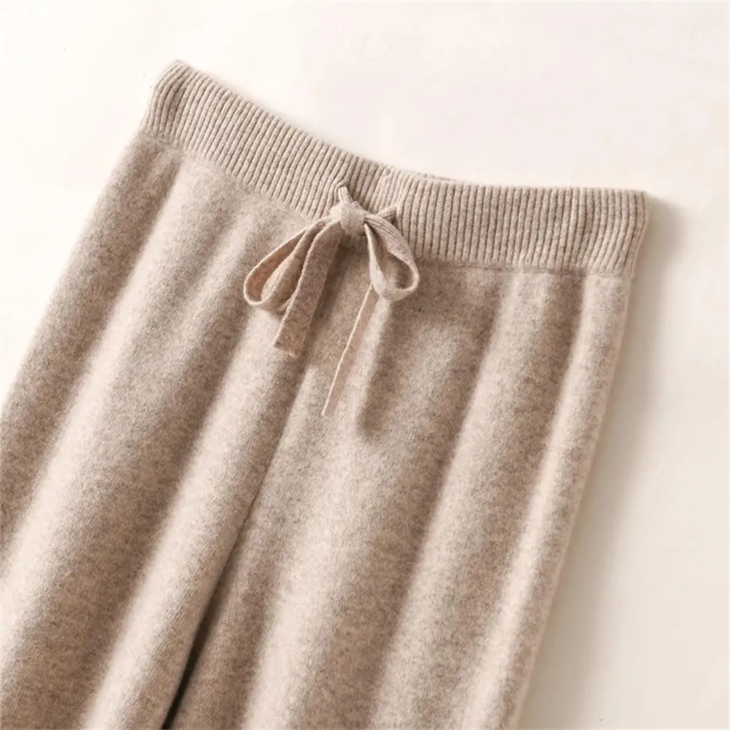 Women's 100% Merino Wool Knit Pants Fall Winter Soft Casual Wide Leg Pants with Drawstring Elastic Waistband
