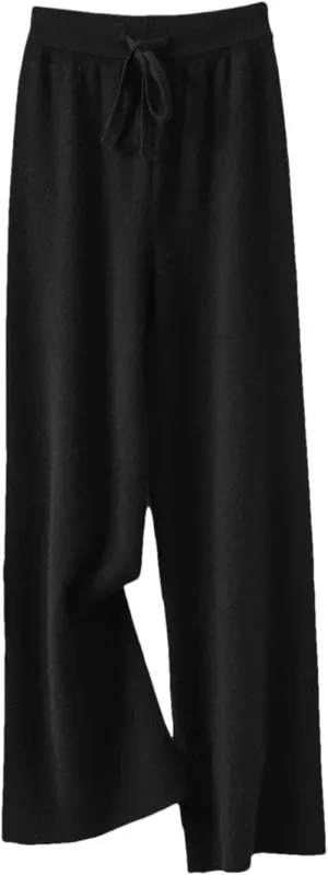 Women's 100% Merino Wool Knit Pants Fall Winter Soft Casual Wide Leg Pants with Drawstring Elastic Waistband