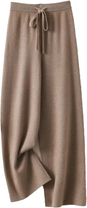 Women's 100% Merino Wool Knit Pants Fall Winter Soft Casual Wide Leg Pants with Drawstring Elastic Waistband