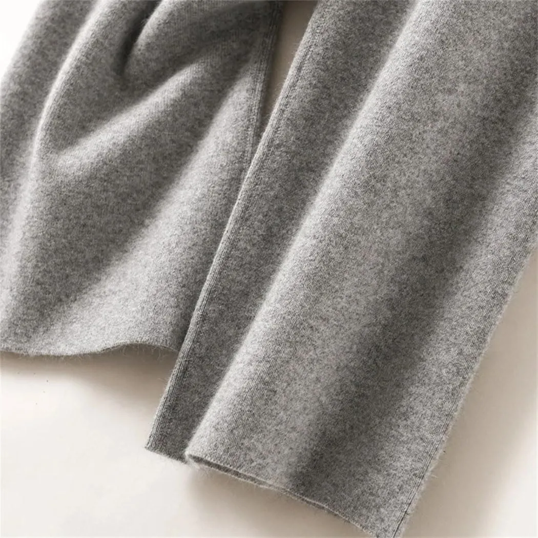 Women's 100% Merino Wool Knit Pants Fall Winter Soft Casual Wide Leg Pants with Drawstring Elastic Waistband