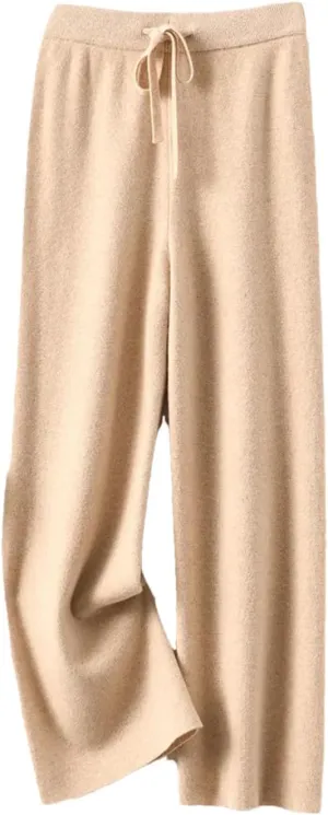 Women's 100% Merino Wool Knit Pants Fall Winter Soft Casual Wide Leg Pants with Drawstring Elastic Waistband