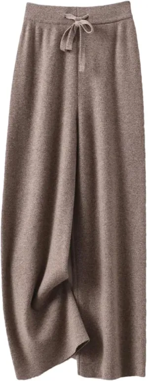 Women's 100% Merino Wool Knit Pants Fall Winter Soft Casual Wide Leg Pants with Drawstring Elastic Waistband