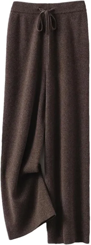Women's 100% Merino Wool Knit Pants Fall Winter Soft Casual Wide Leg Pants with Drawstring Elastic Waistband
