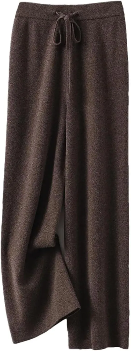 Women's 100% Merino Wool Knit Pants Fall Winter Soft Casual Wide Leg Pants with Drawstring Elastic Waistband