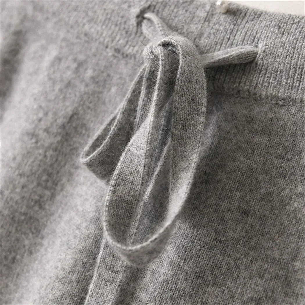 Women's 100% Merino Wool Knit Pants Fall Winter Soft Casual Wide Leg Pants with Drawstring Elastic Waistband