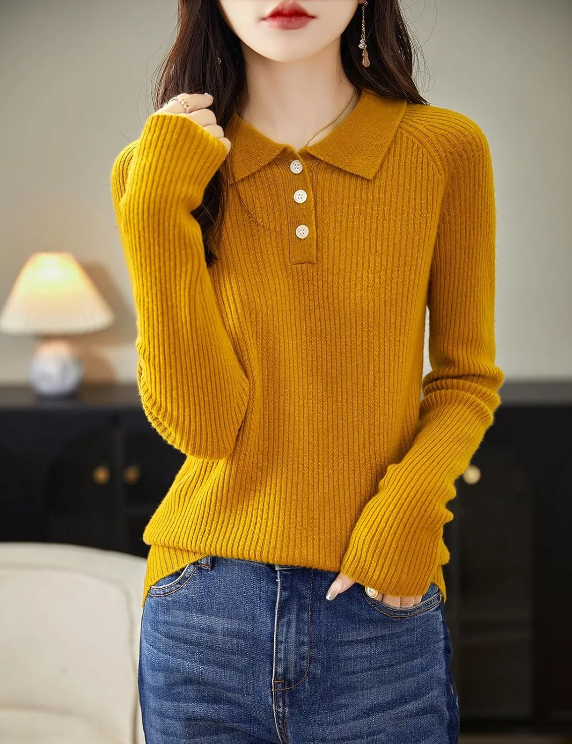Women's 100% Merino Wool Sweater 2025 Fall Winter Polo Neck Long Sleeve Warm Soft Knit Pulover Sweater