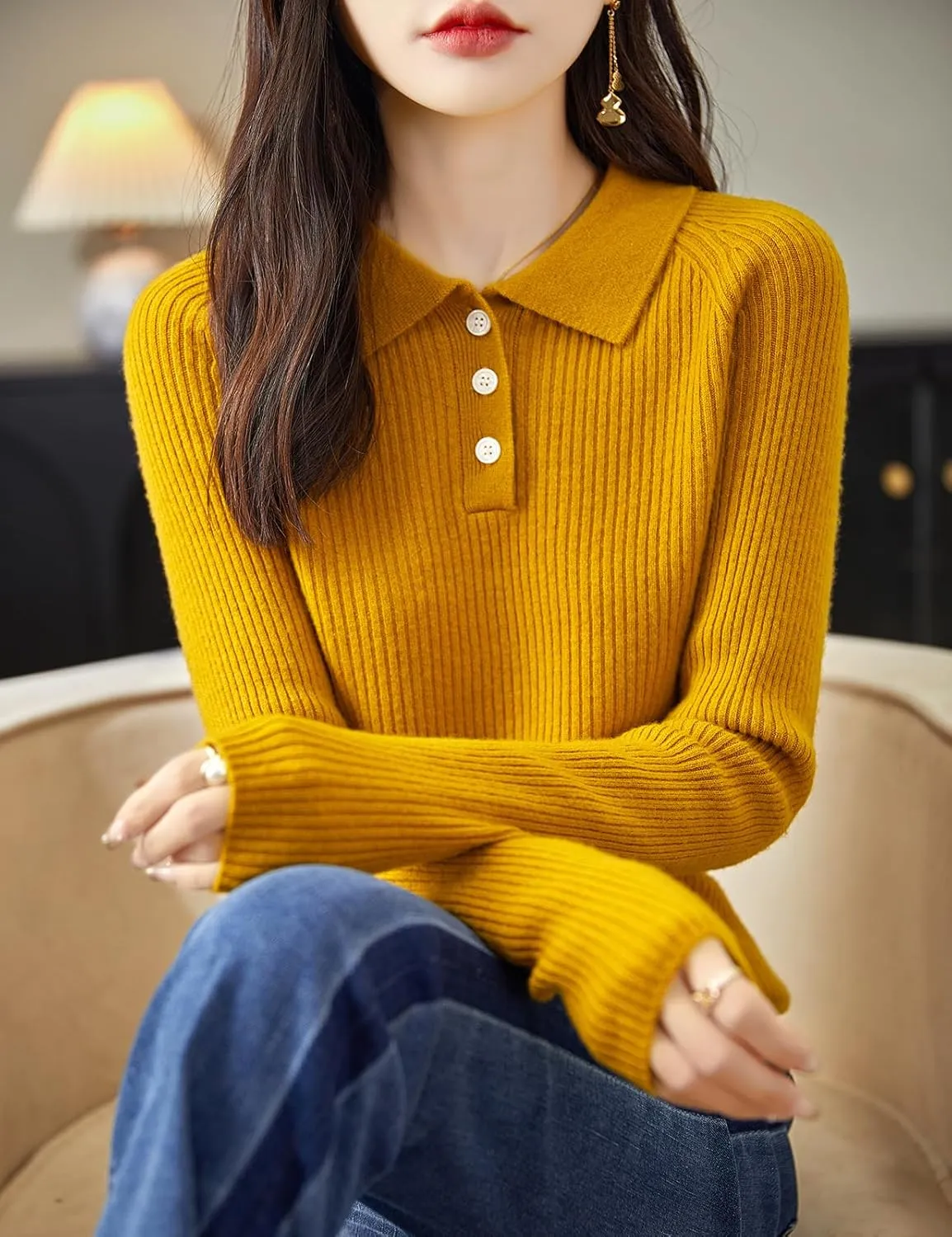 Women's 100% Merino Wool Sweater 2025 Fall Winter Polo Neck Long Sleeve Warm Soft Knit Pulover Sweater
